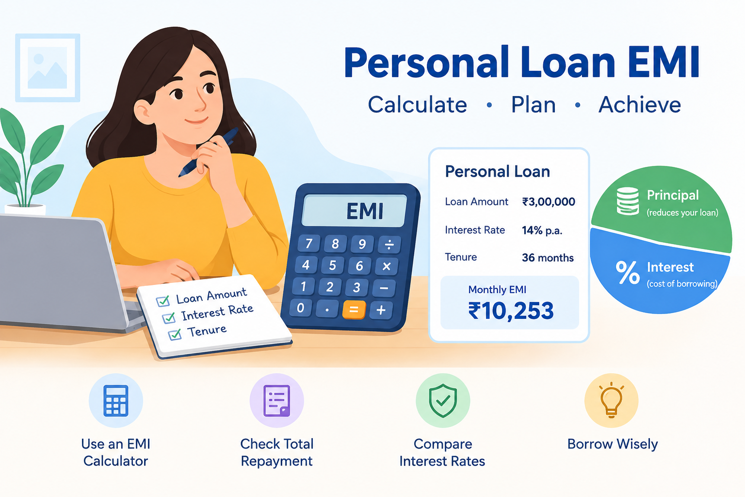 Personal loan EMI calculation showing loan amount, interest rate, tenure, monthly EMI, principal, and interest with financial planning tips.